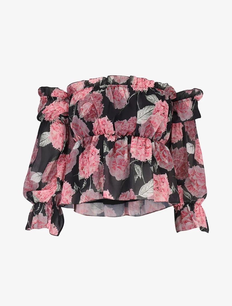 Bloesje met bloemenprint en blote schouders - zwart