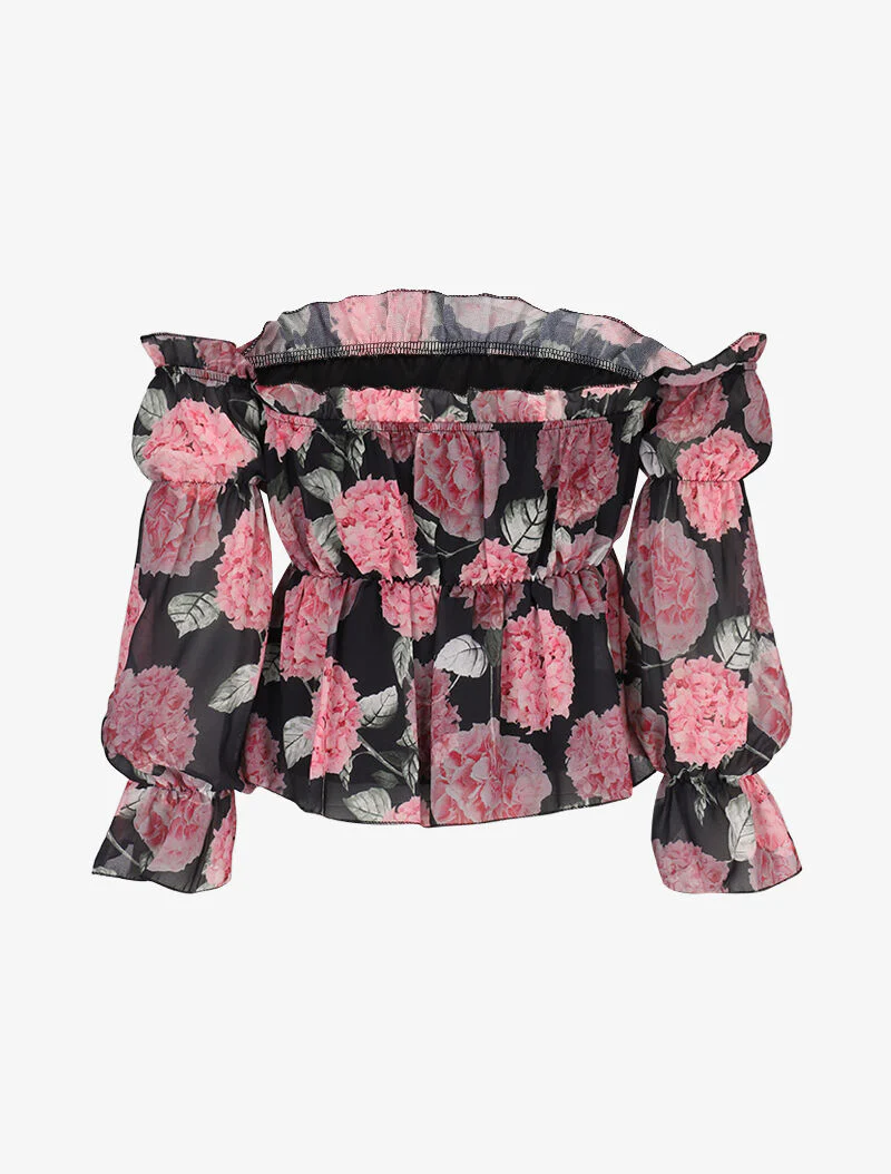 Bloesje met bloemenprint en blote schouders - zwart - Image 2