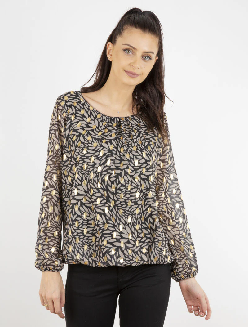 Blouse met bladerenprint en goudkleurige details - zwart