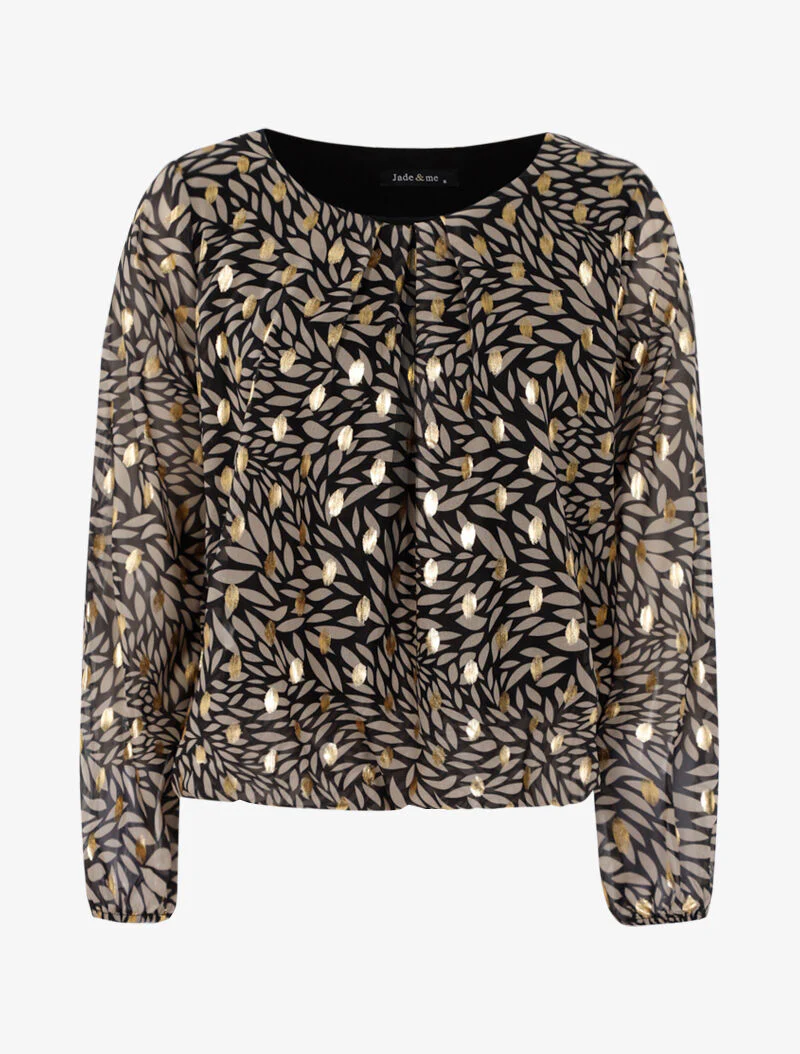 Blouse met bladerenprint en goudkleurige details - zwart - Image 2