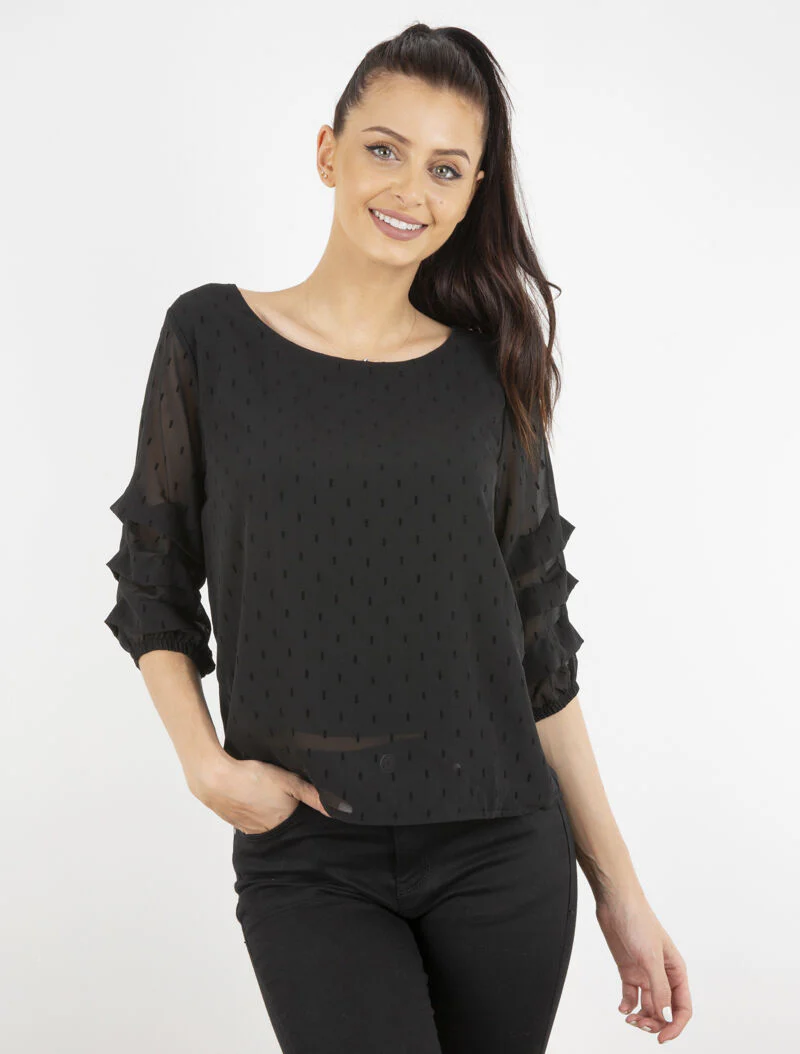 Blouse van fijne voile met grafische stippen - zwart