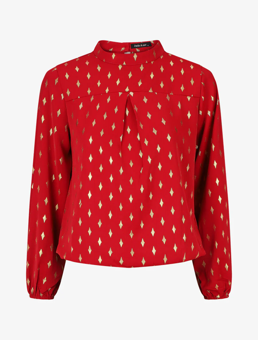 Blouse met hoge kraag en goudkleurige ruitjesprint - rood
