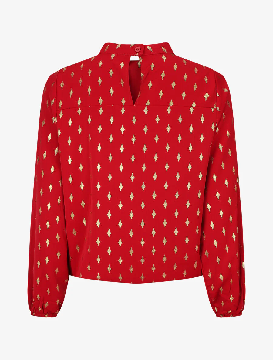 Blouse met hoge kraag en goudkleurige ruitjesprint - rood - Image 2