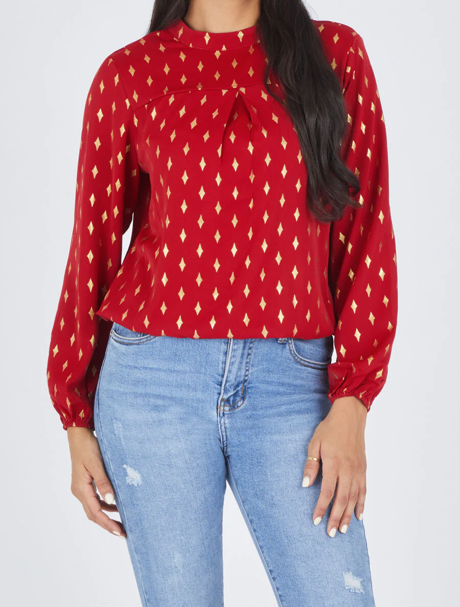 Blouse met hoge kraag en goudkleurige ruitjesprint - rood - Image 4