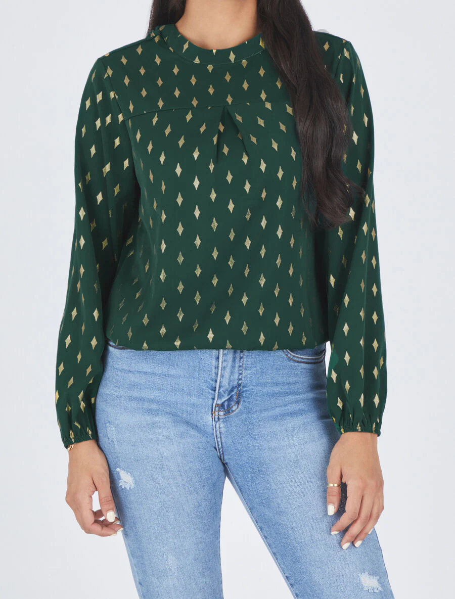 Blouse met hoge kraag en goudkleurige ruitjesprint - groen - Image 4