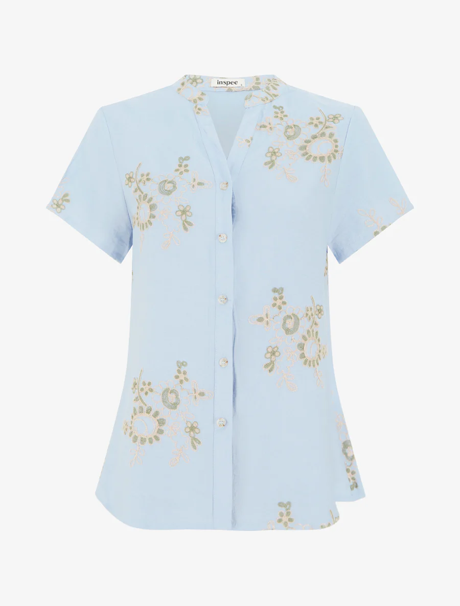 Blouse met korte mouwen en bloemenborduursels - Lichtblauw