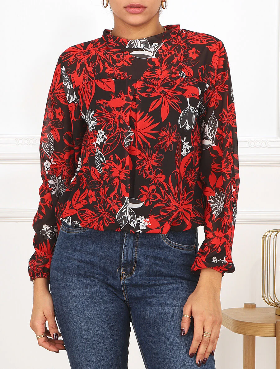 Blouse met lange mouwen. ronde hals en bloemenprint - Zwart/rood - Image 4