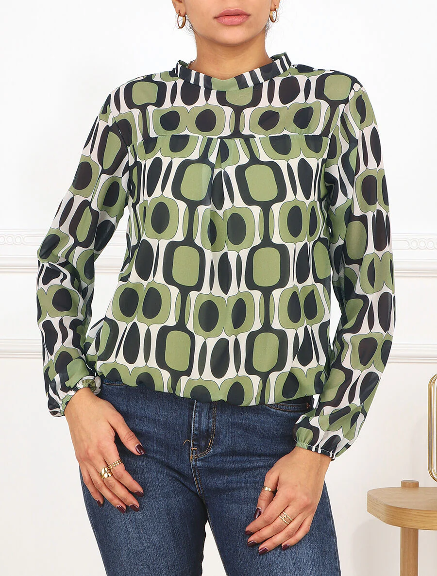 Blouse met lange mouwen. ronde hals en grafische 70's print - amandelgroen - Image 4