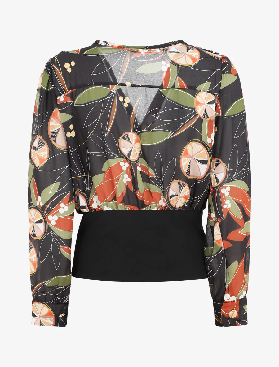 Blouse met overslag. print en sierknopen - Zwart - Image 2