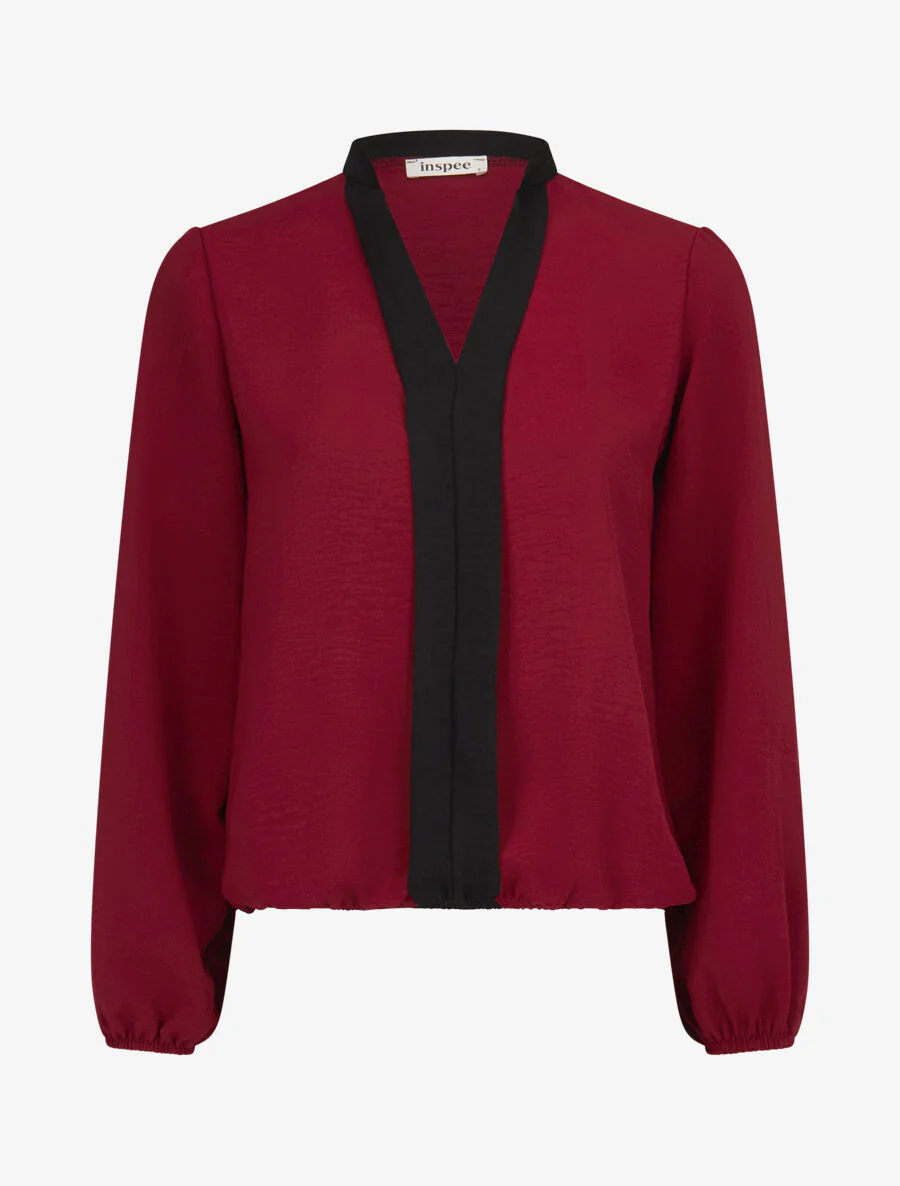 Blouse met ronde hals en contrasterende biezen - Bordeauxrood