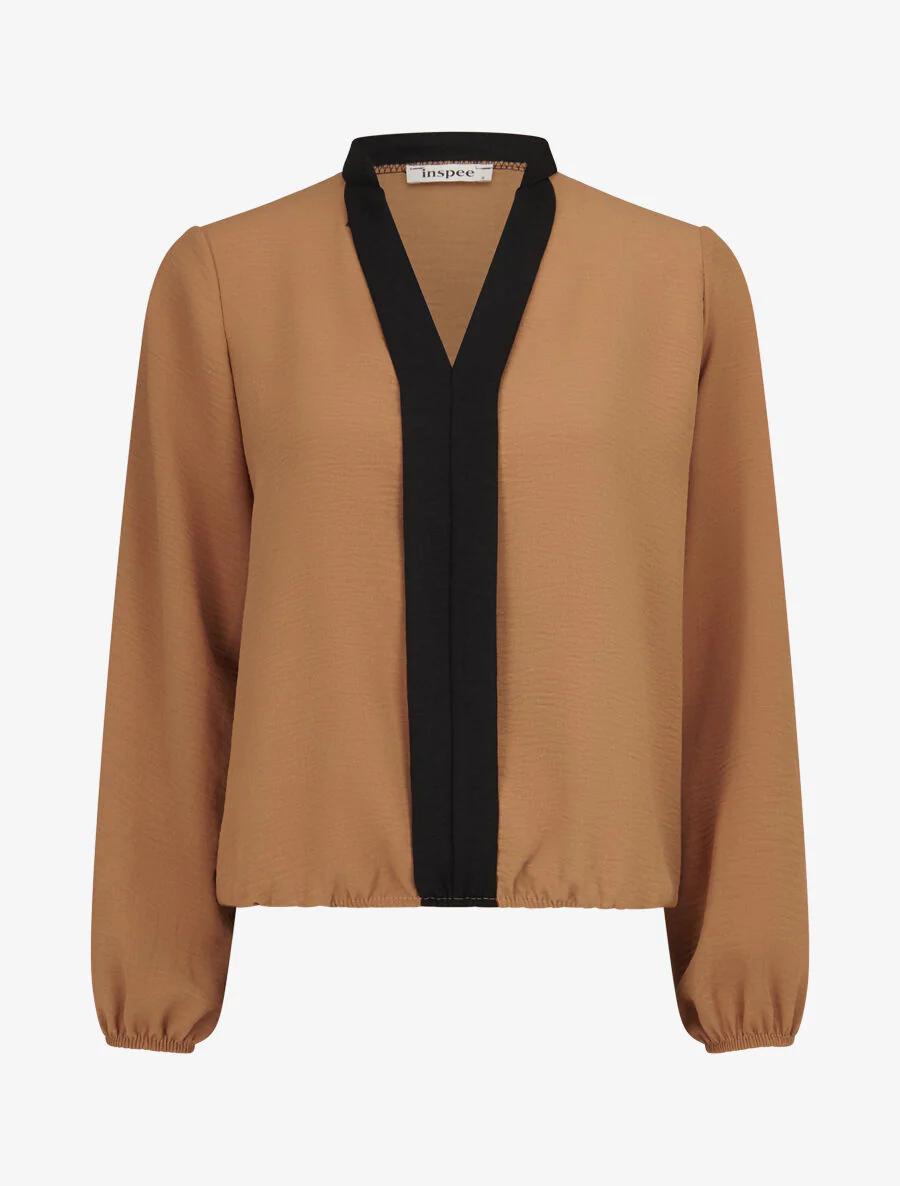Blouse met ronde hals en contrasterende biezen - Camel