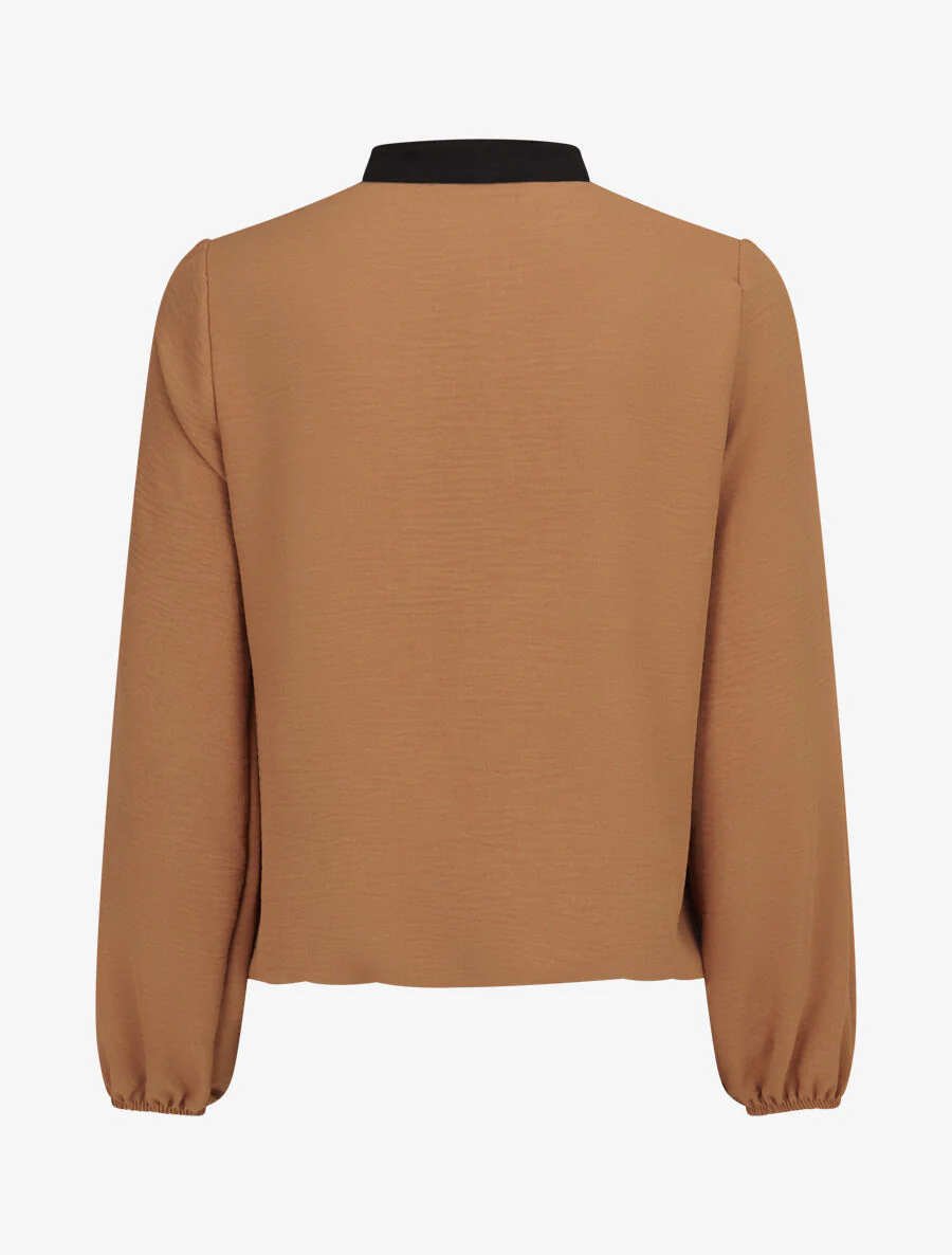 Blouse met ronde hals en contrasterende biezen - Camel - Image 2