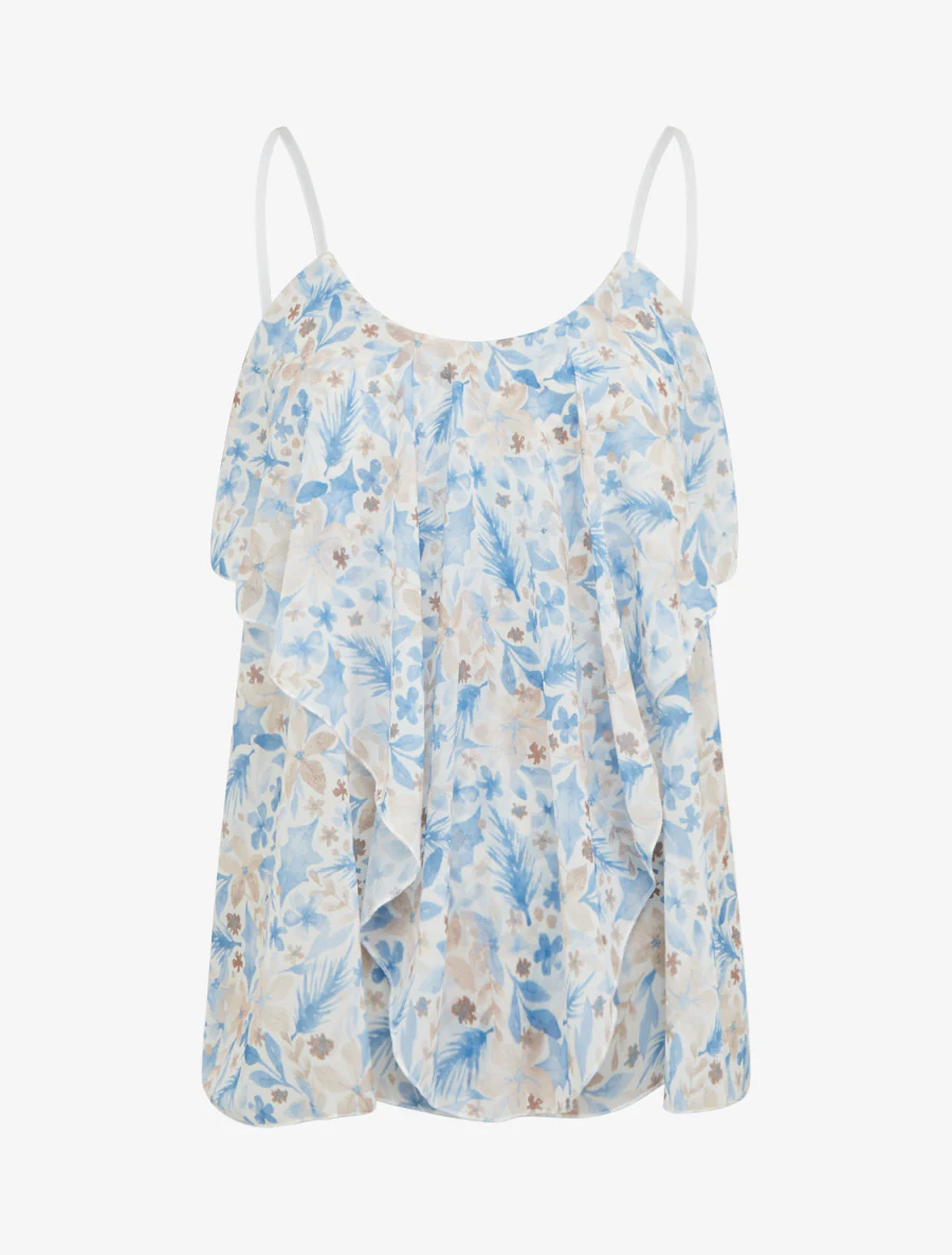 Blouse met ruches en bladprint. - Lichtblauw