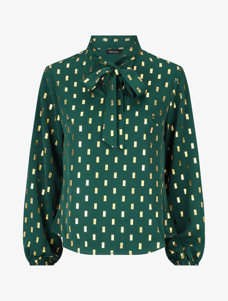 Blouse met strikkraag en vergulde rechthoekige print - groen