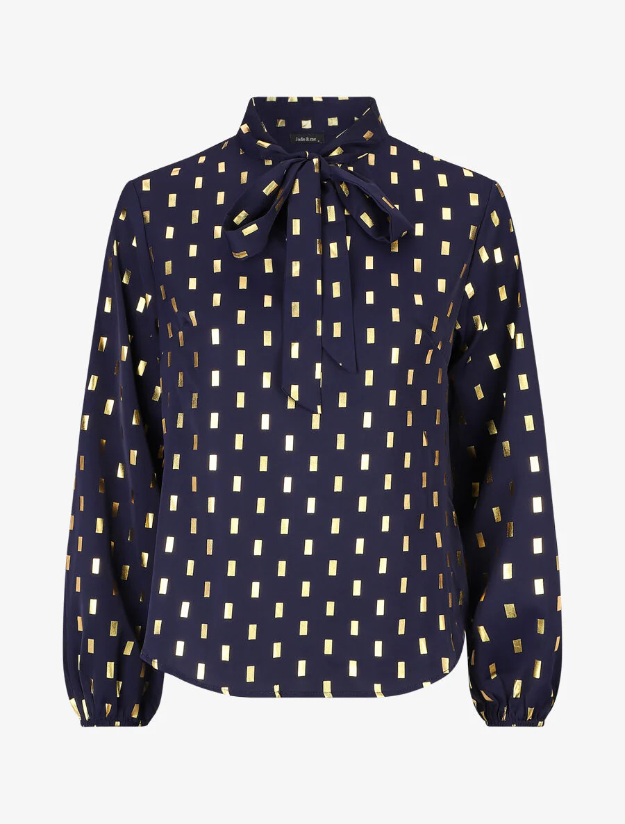 Blouse met strikkraag en vergulde rechthoekige print - Marineblauw