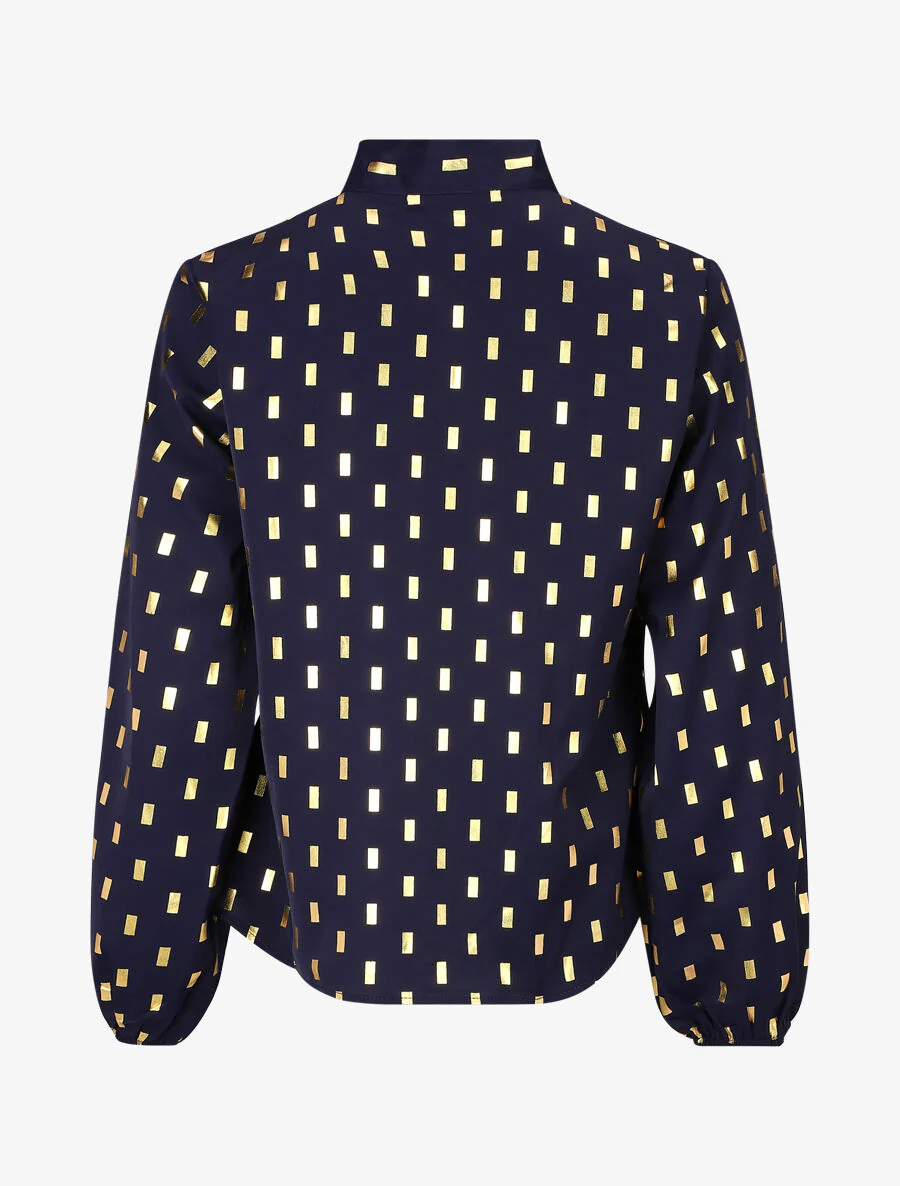 Blouse met strikkraag en vergulde rechthoekige print - Marineblauw - Image 2