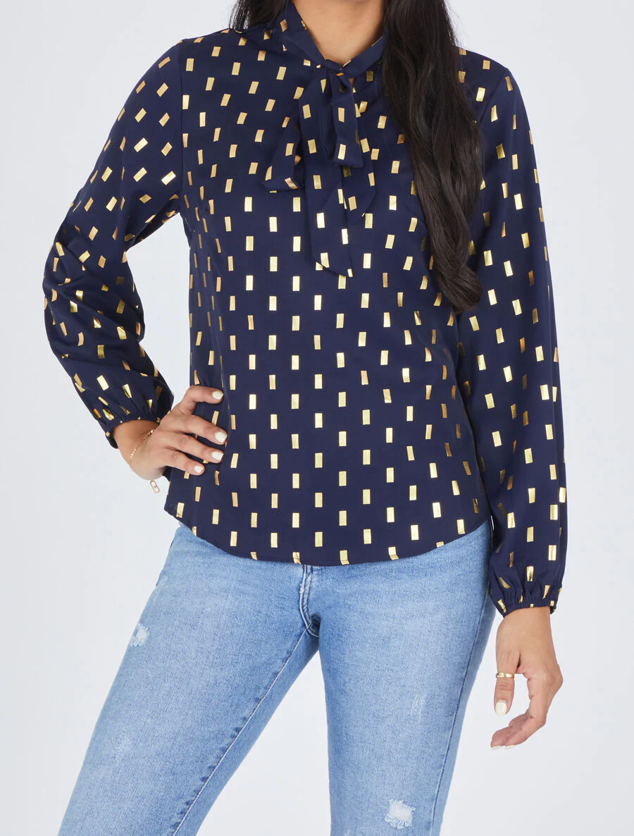 Blouse met strikkraag en vergulde rechthoekige print - Marineblauw - Image 4