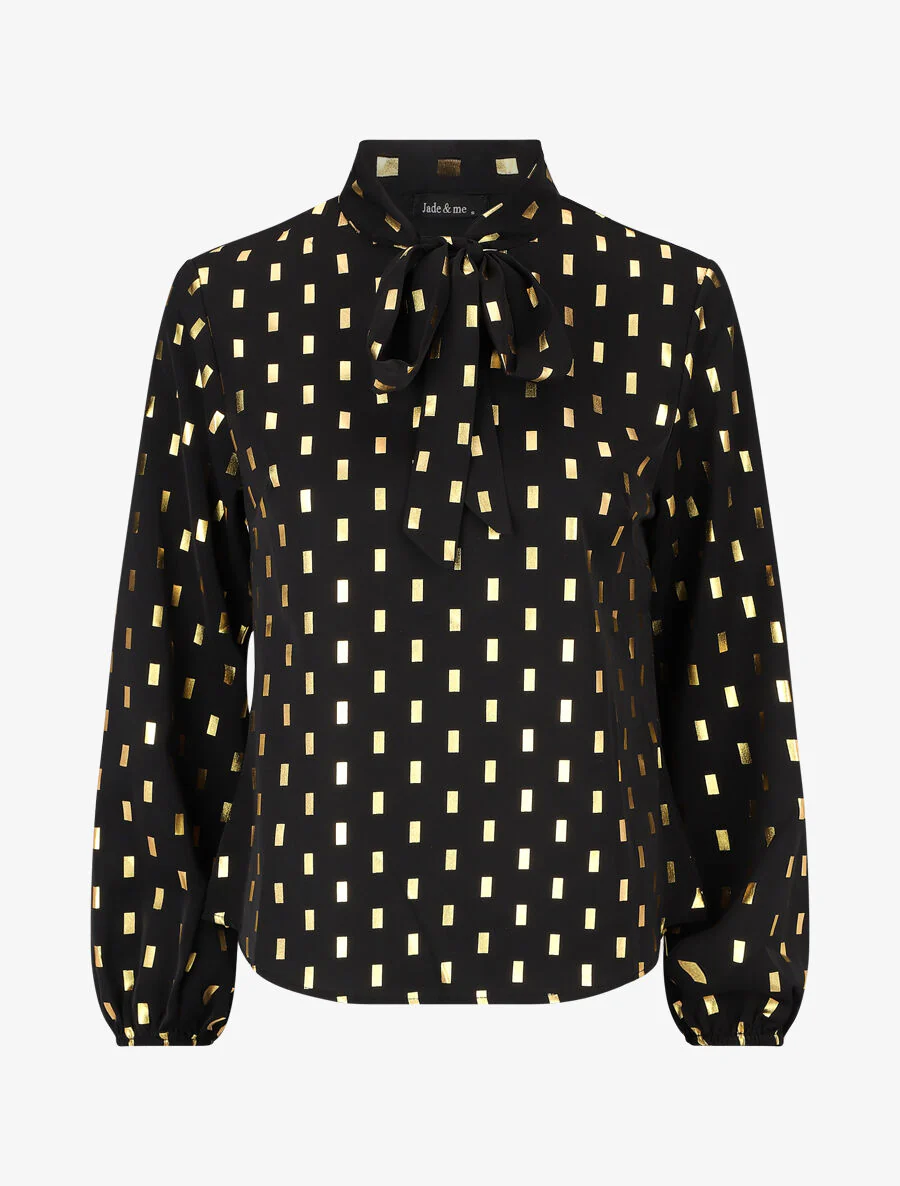 Blouse met strikkraag en vergulde rechthoekige print - zwart