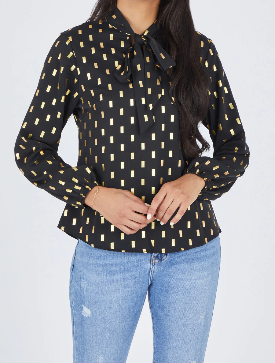 Blouse met strikkraag en vergulde rechthoekige print - zwart - Image 4