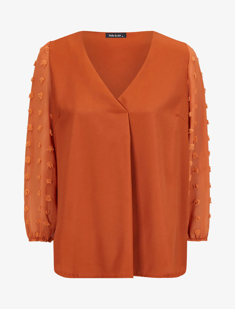 Blouse met transparante mouwen in plumetis-stijl - Roest