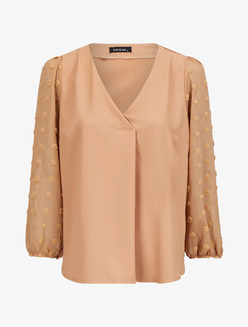 Blouse met transparante mouwen in plumetis-stijl - Kameel