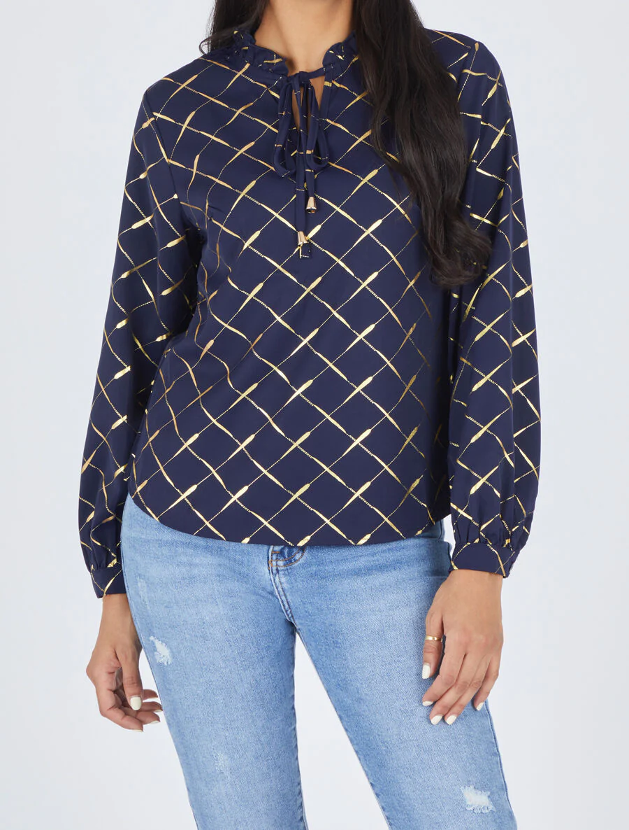 Blouse met V-hals en vergulde print - Marineblauw - Image 4