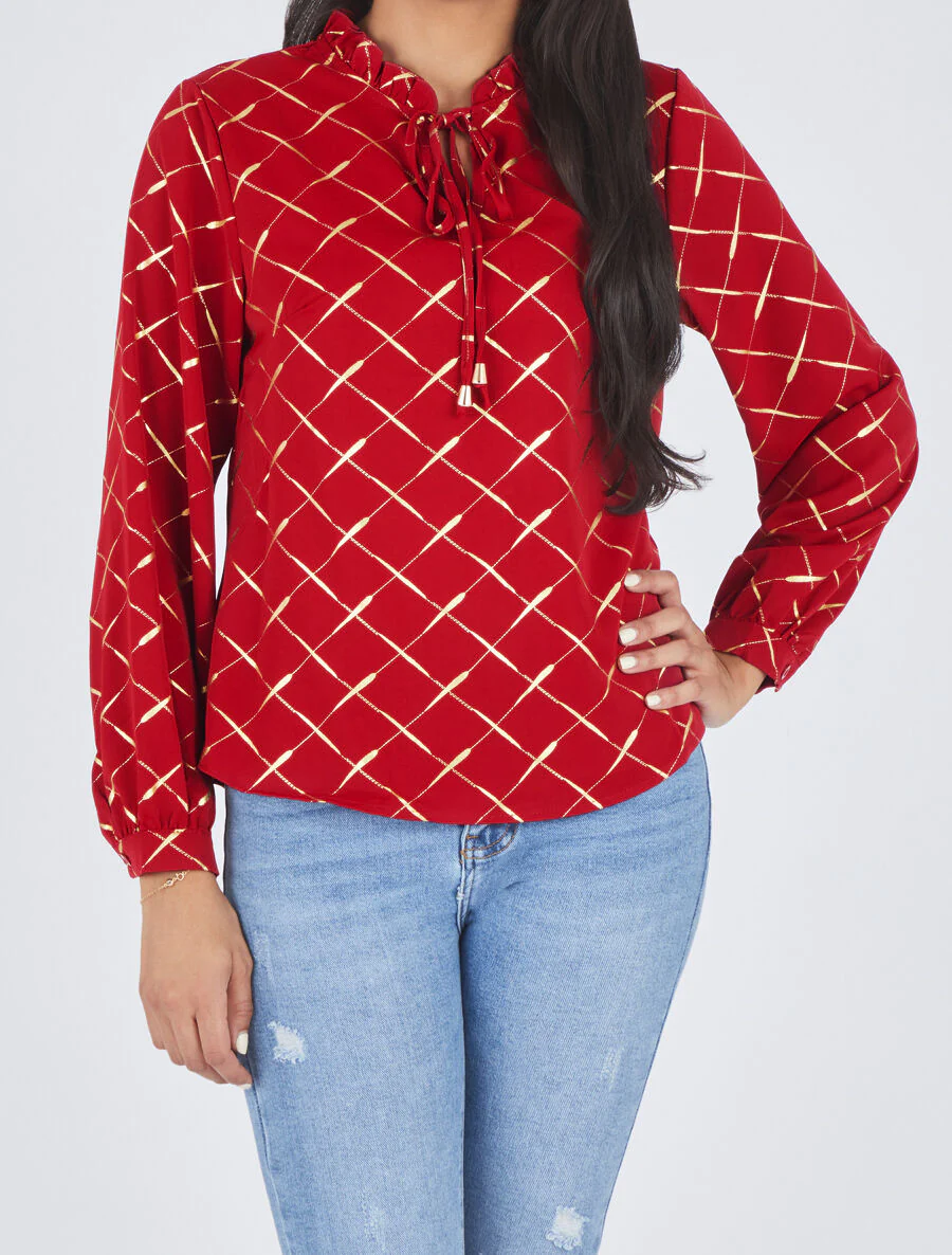 Blouse met V-hals en vergulde print - Rood - Image 4