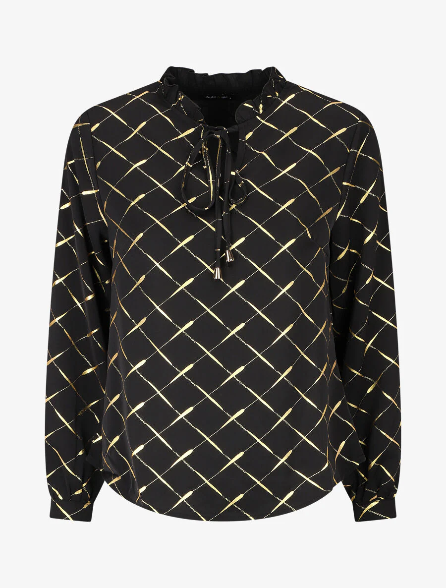 Blouse met V-hals en vergulde print - Zwart