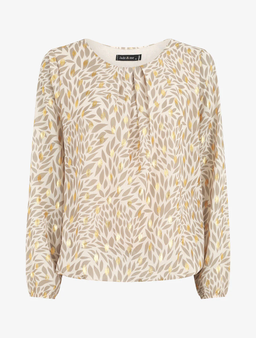 Ruime blouse van voile met iriserende bladerenprint - Beige