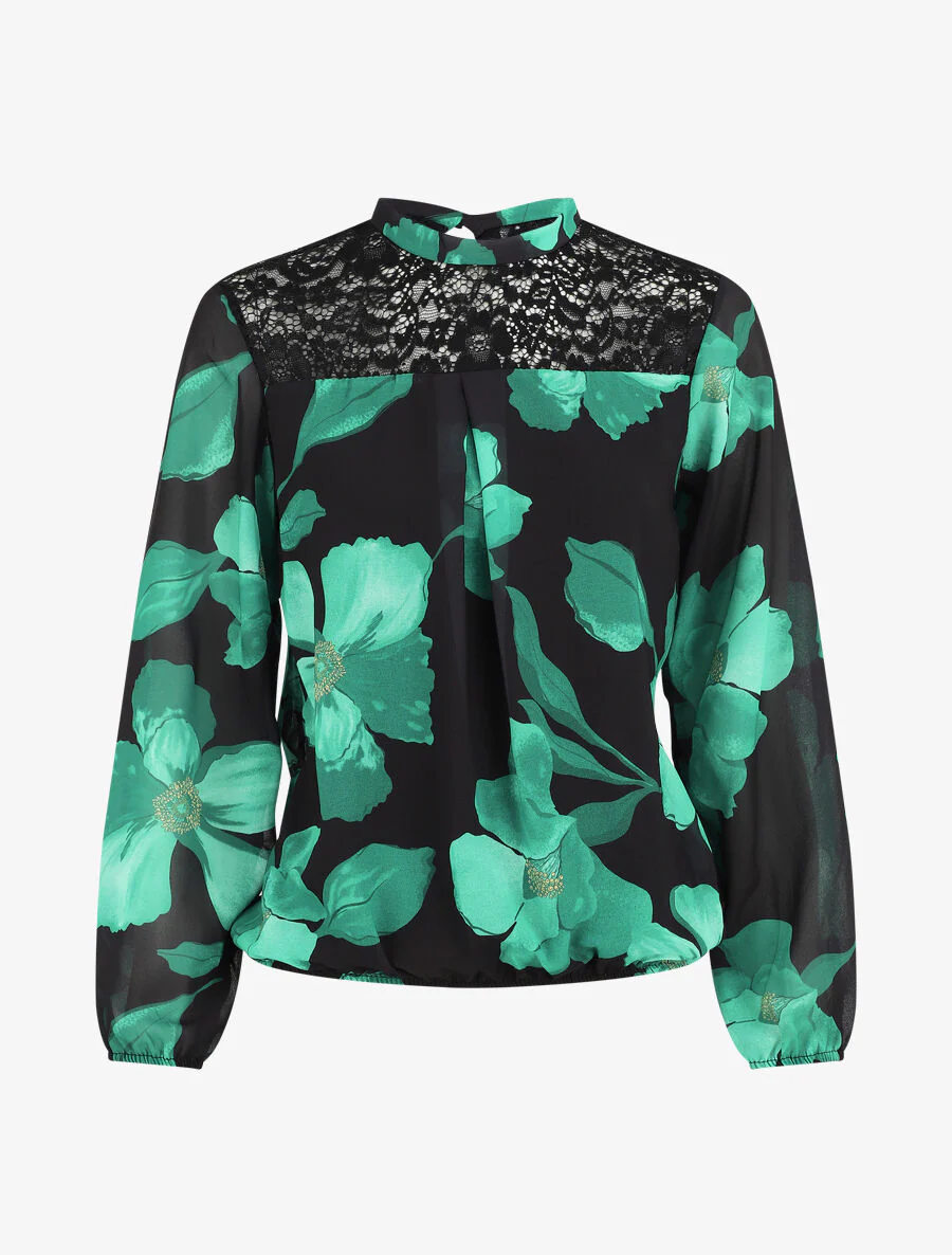 Blouse van geprinte grote bloemen voile - Zwart