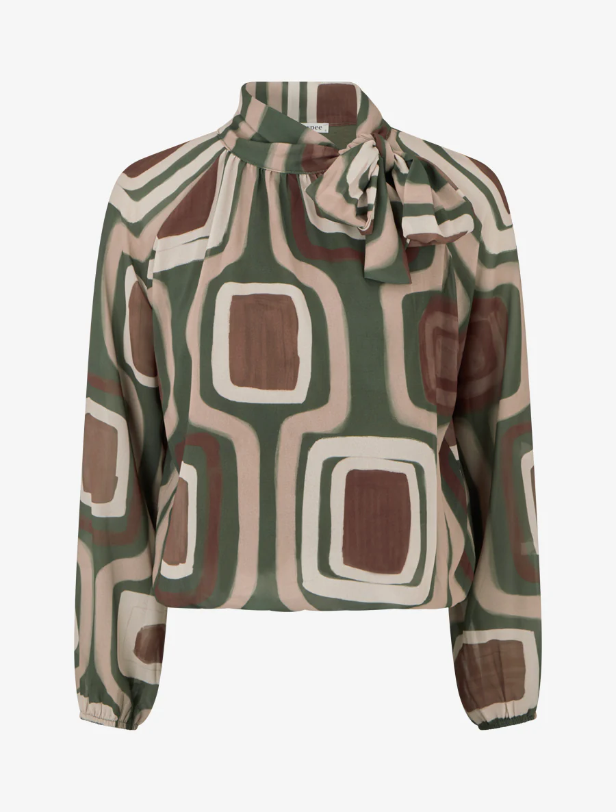 Blouse van retro bedrukte voile om te knopen - Kaki