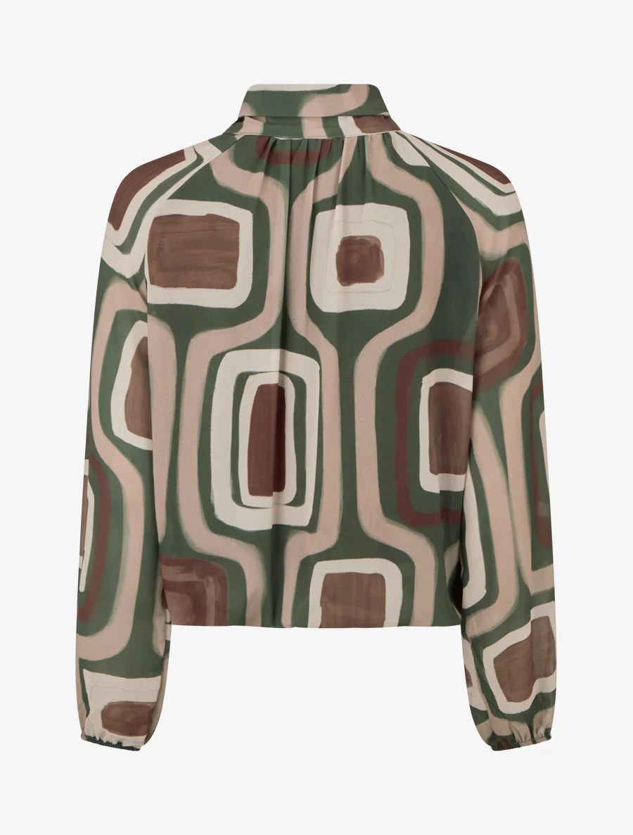 Blouse van retro bedrukte voile om te knopen - Kaki - Image 2