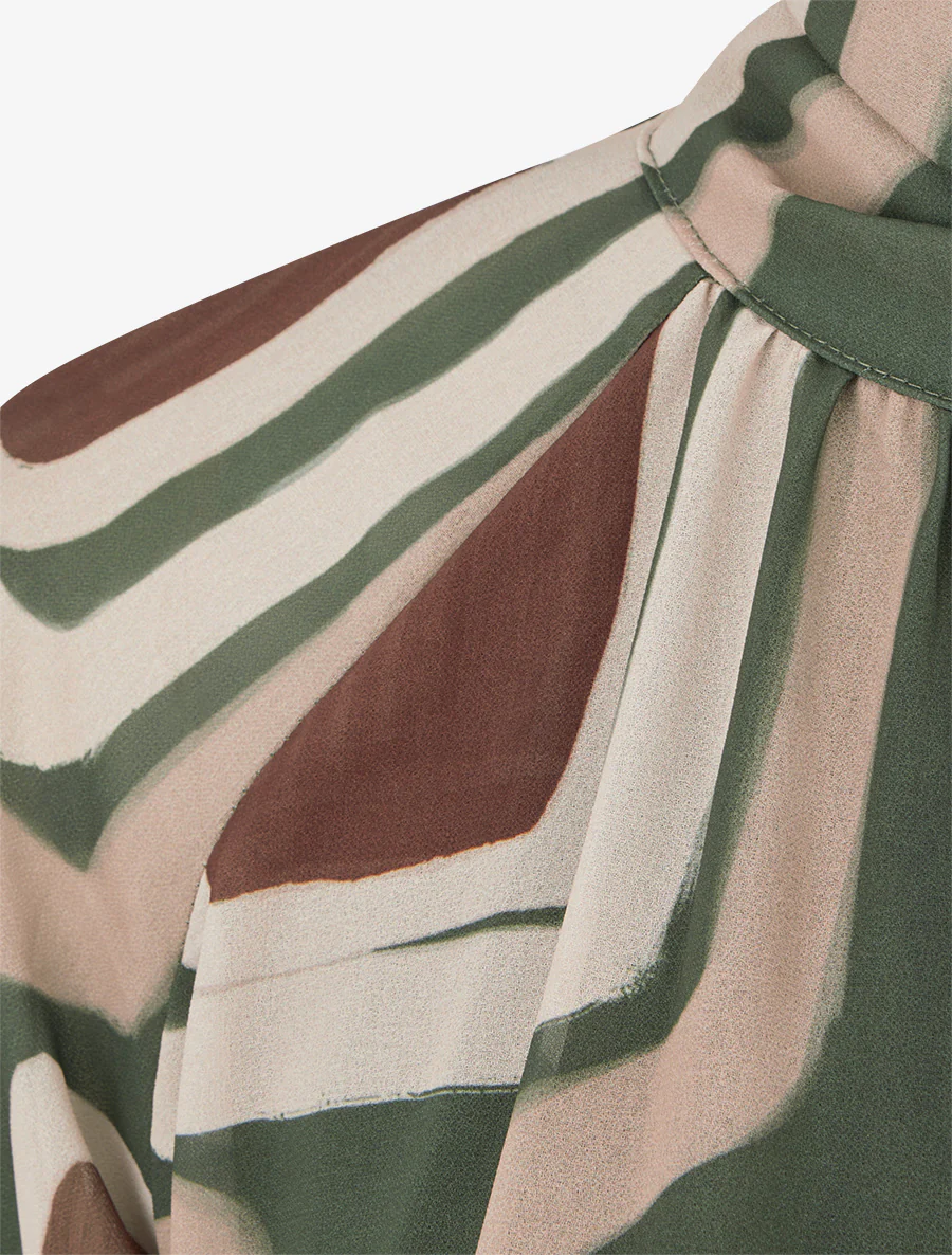 Blouse van retro bedrukte voile om te knopen - Kaki - Image 3
