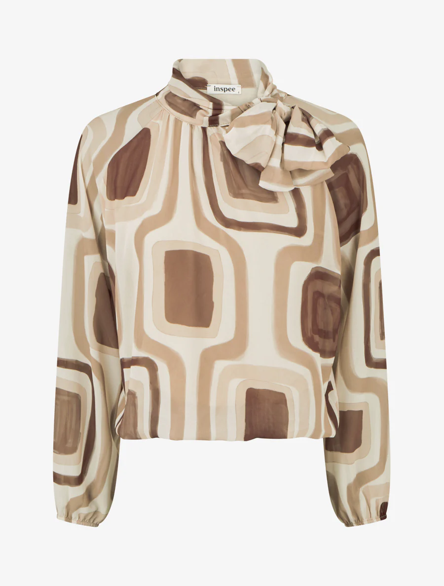 Blouse van retro bedrukte voile om te knopen - Beige