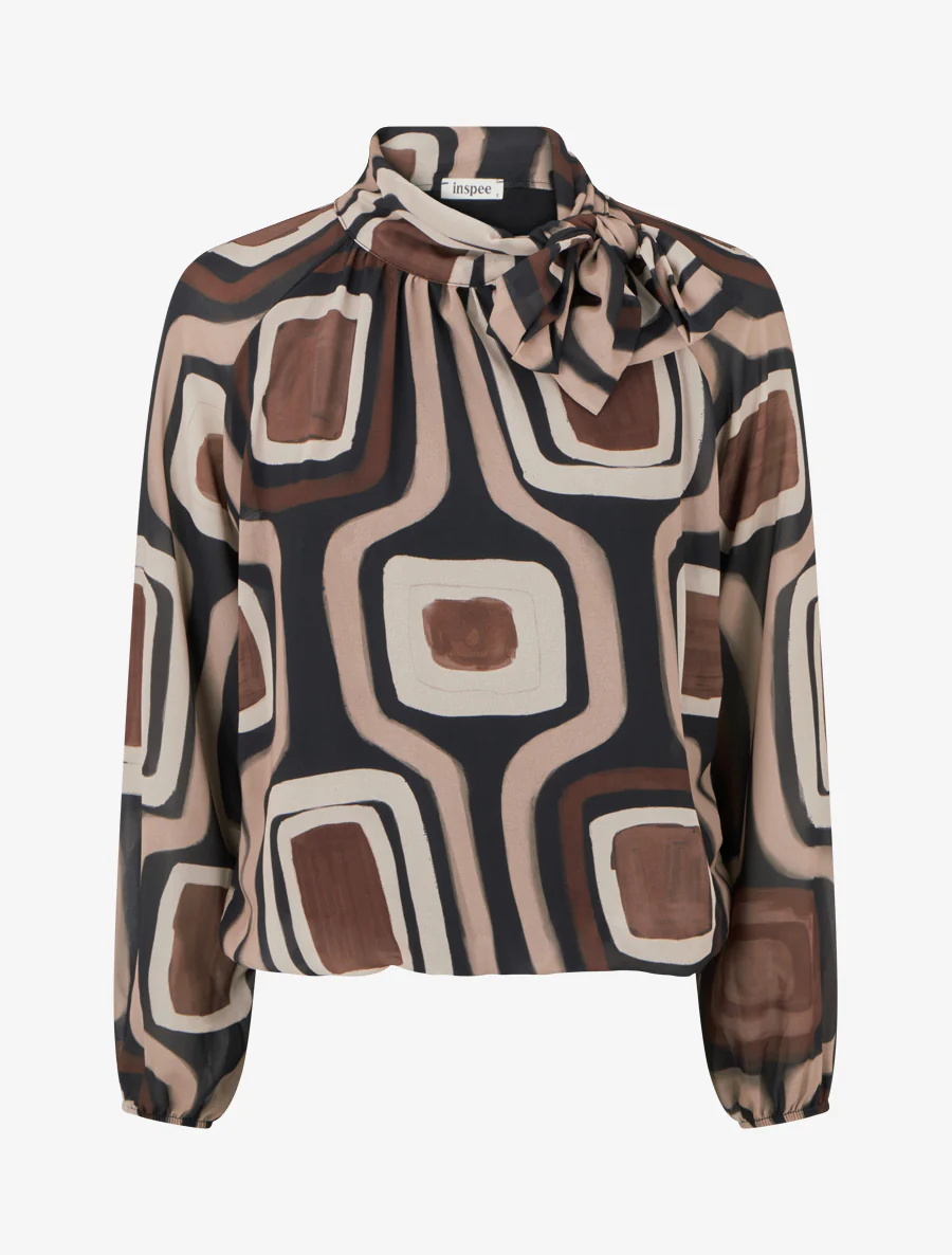Blouse van retro bedrukte voile om te knopen - Zwart