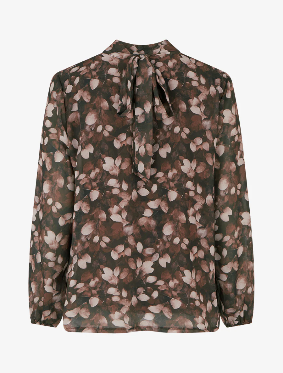 Blouse van vloeiende stof met bladdessin en koordjes. - Bruin - Image 2