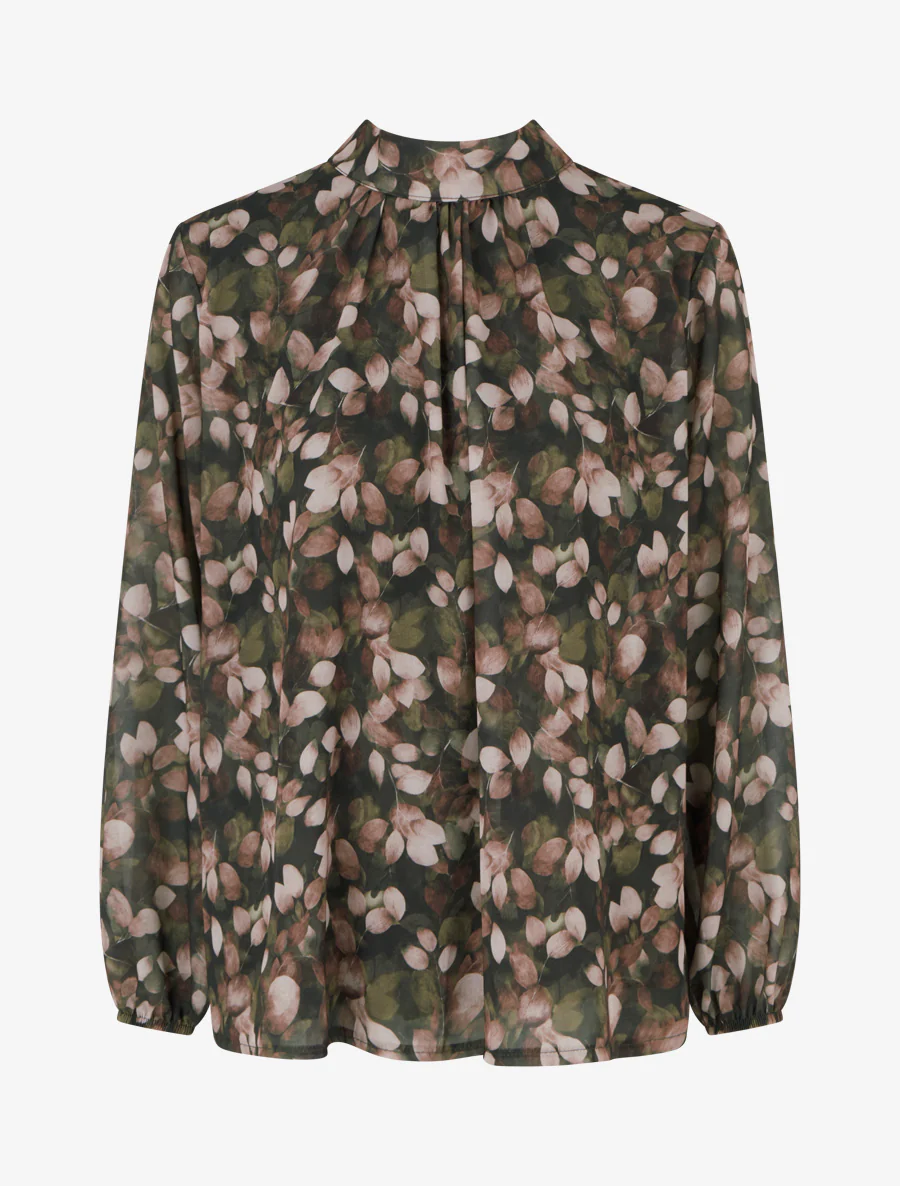 Blouse van vloeiende stof met bladdessin en koordjes. - Kaki