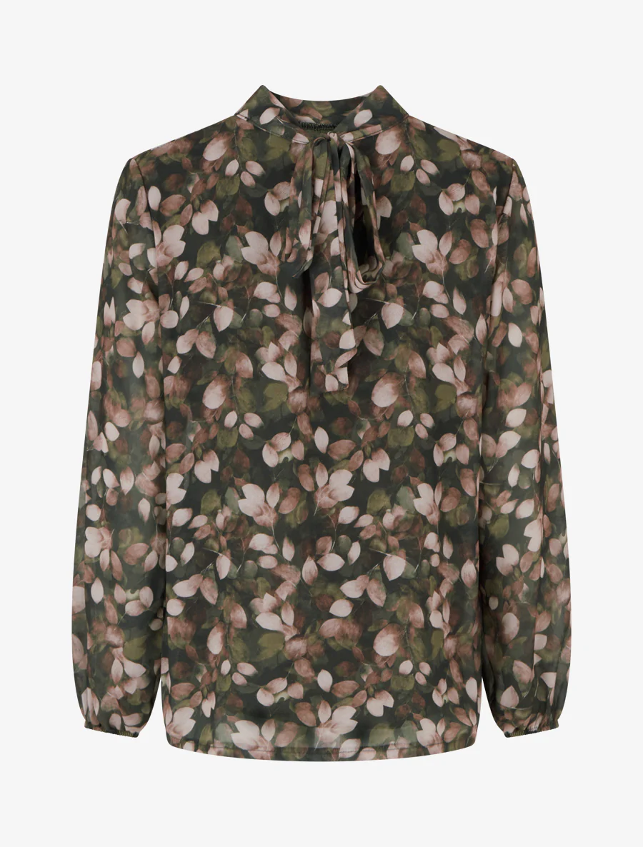 Blouse van vloeiende stof met bladdessin en koordjes. - Kaki - Image 2