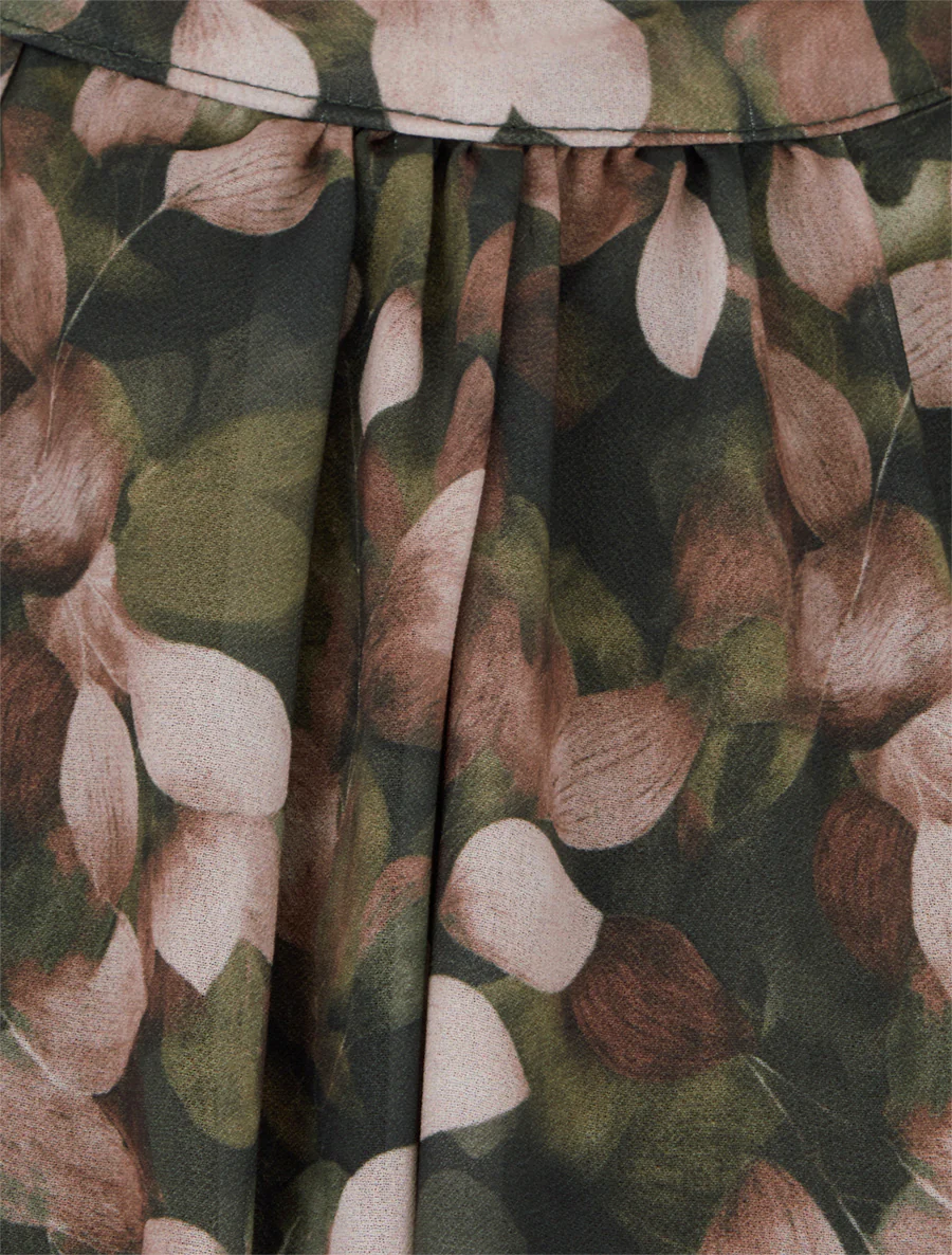 Blouse van vloeiende stof met bladdessin en koordjes. - Kaki - Image 3