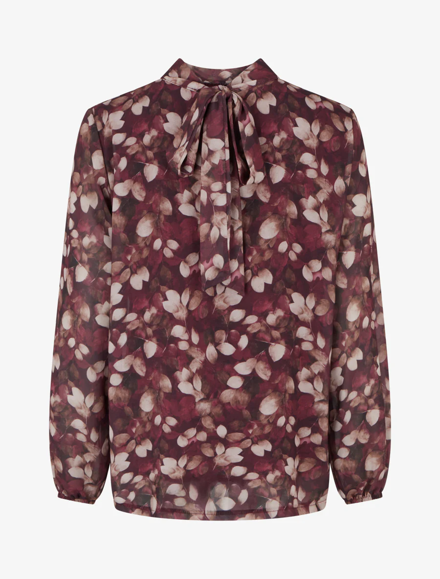Blouse van vloeiende stof met bladdessin en koordjes. - Pruim - Image 2