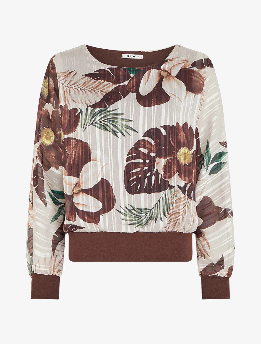 Blouse van voile met bladerprint en iriserend detail - Bruin