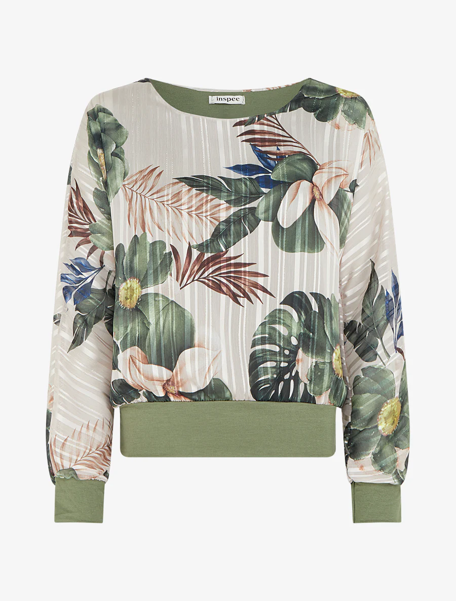 Blouse van voile met bladerprint en iriserend detail - Kaki