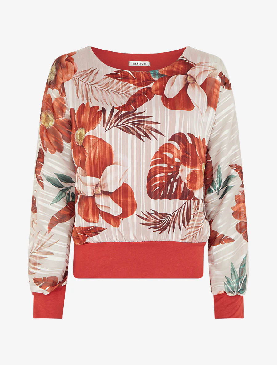 Blouse van voile met bladerprint en iriserend detail - Sienarood
