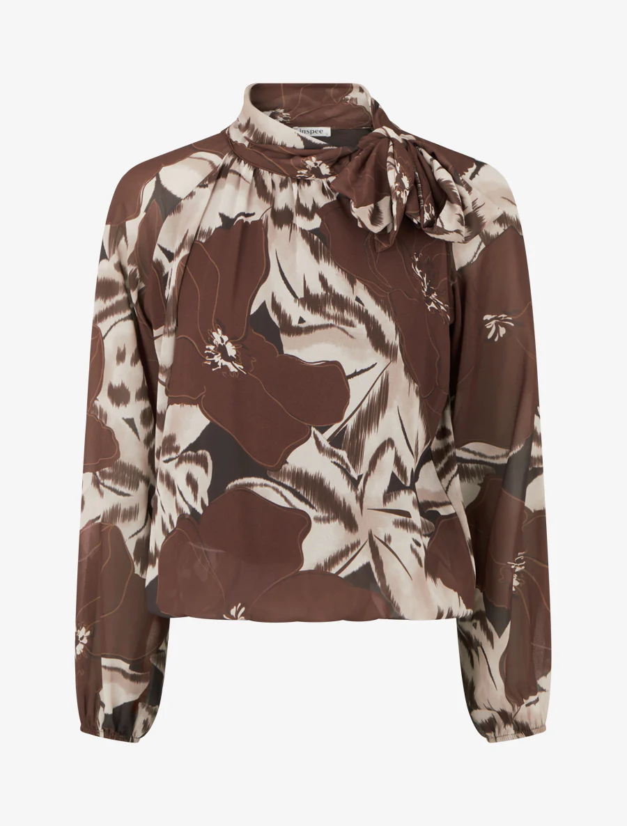 Blouse van voile met bloemenprint om te knopen - Bruin