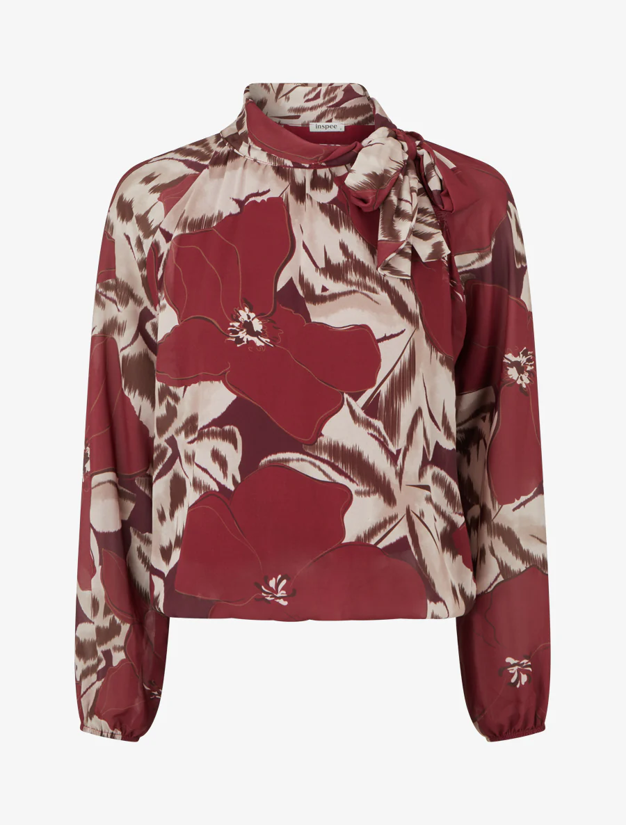 Blouse van voile met bloemenprint om te knopen - Wijnrood