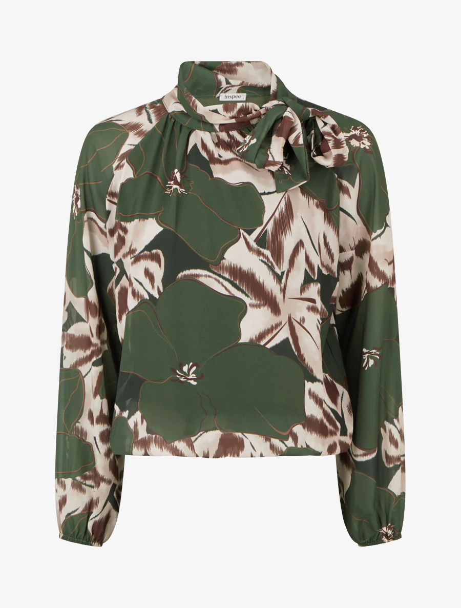 Blouse van voile met bloemenprint om te knopen - Kaki