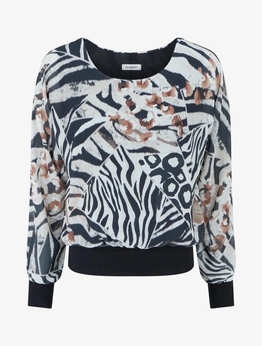 Blouse van voile met dierenprint - Zwart