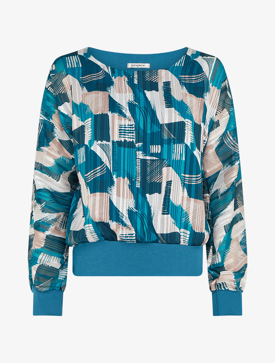 Blouse van voile met fantasieprint en iriserend detail - Eendenblauw