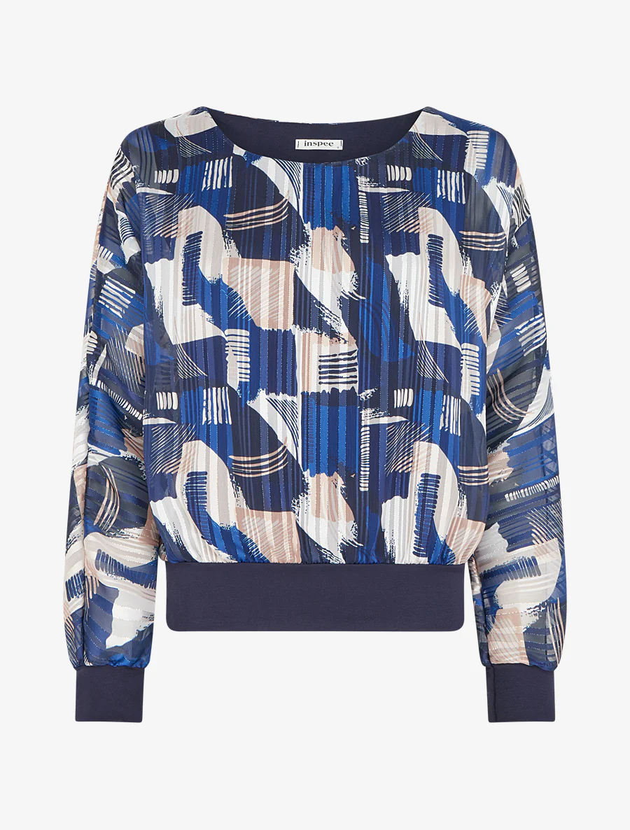 Blouse van voile met fantasieprint en iriserend detail - Marine