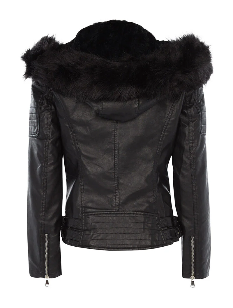 Imitatie bontjas met capuchon - zwart - Image 2